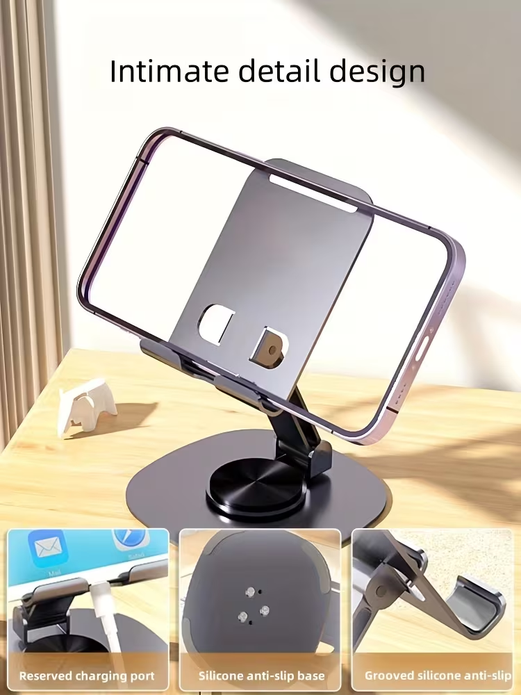360° Rotatable All‑Metal Foldable Phone Tablet Stand, Adjustable Universal Desktop Holder for 9‑Inch Devices