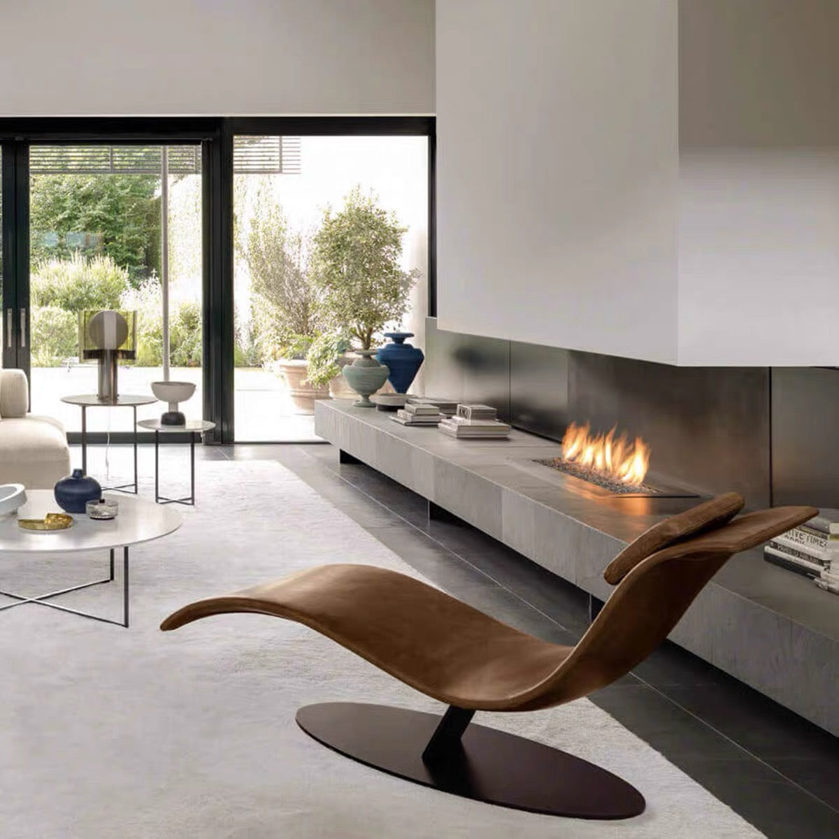 Modern Curved Chaise Lounge Chair | Ergonomic Leather Recliner with Neck Pillow & Stable Steel Base for Living Room