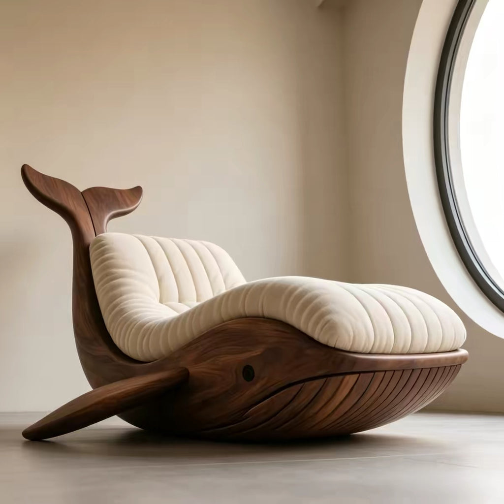 Whale Shape Solid Wood Lounge Chair | Artistic Bionic Accent Chair with Plush Cushion for Living Room & Commercial Space