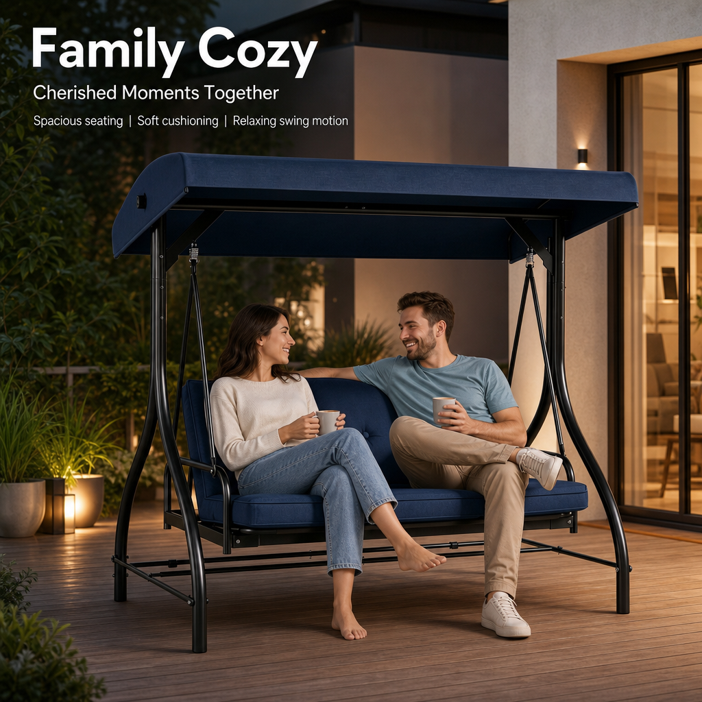 3‑Person Outdoor Patio Swing Chair with Adjustable Canopy, Heavy‑Duty Steel Frame & Soft Tufted Cushions for Backyard Garden Porch