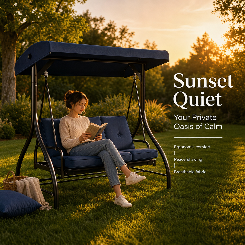 3‑Person Outdoor Patio Swing Chair with Adjustable Canopy, Heavy‑Duty Steel Frame & Soft Tufted Cushions for Backyard Garden Porch