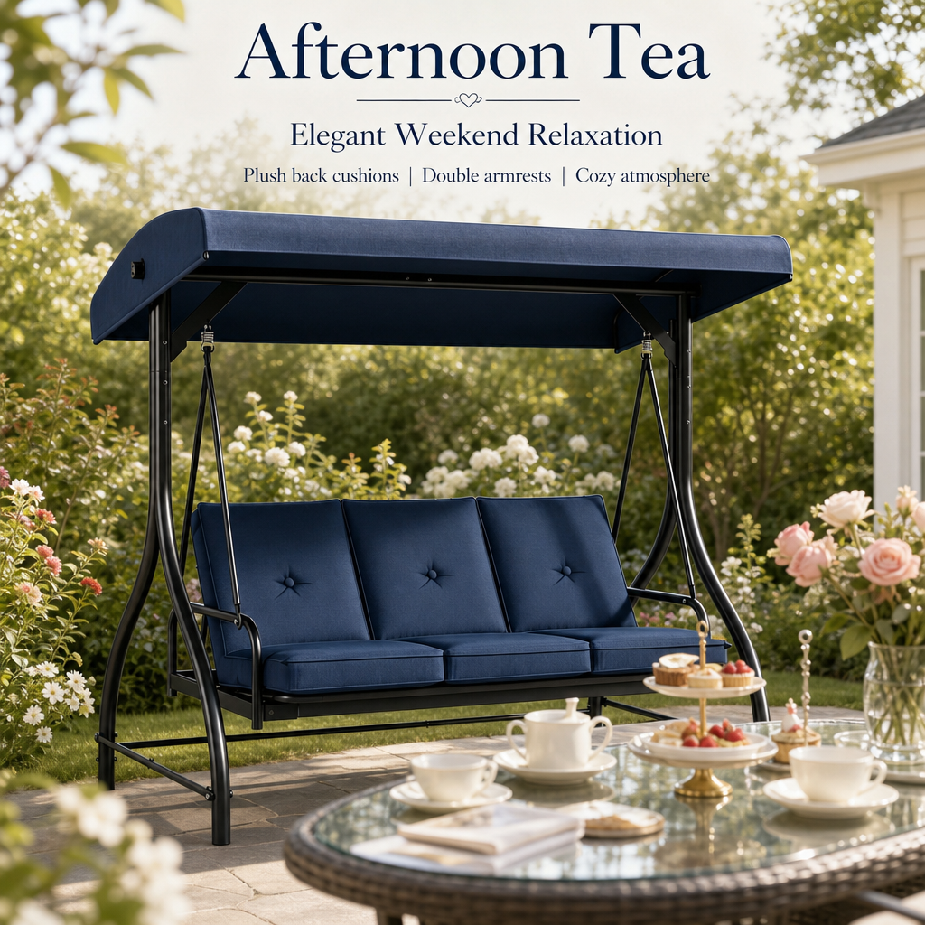 3‑Person Outdoor Patio Swing Chair with Adjustable Canopy, Heavy‑Duty Steel Frame & Soft Tufted Cushions for Backyard Garden Porch