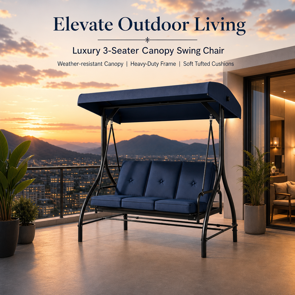 3‑Person Outdoor Patio Swing Chair with Adjustable Canopy, Heavy‑Duty Steel Frame & Soft Tufted Cushions for Backyard Garden Porch