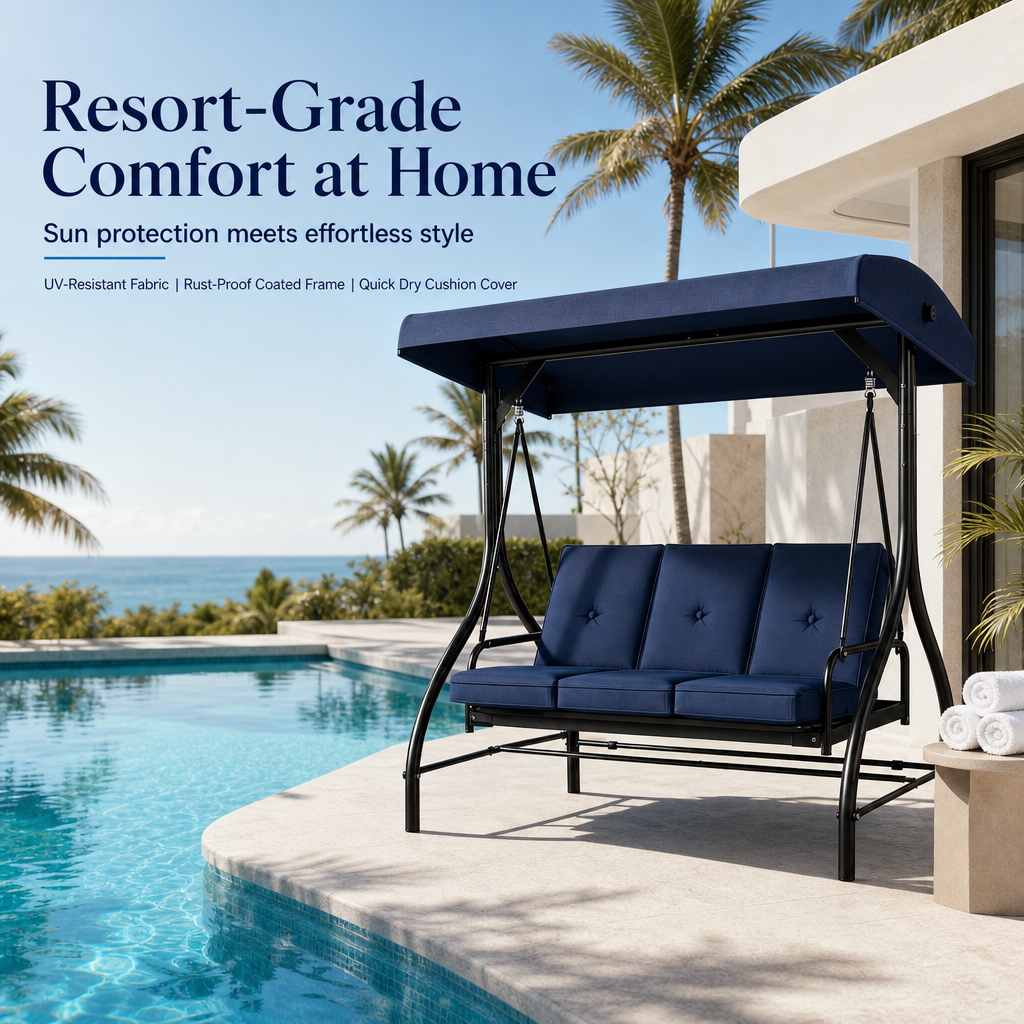 3‑Person Outdoor Patio Swing Chair with Adjustable Canopy, Heavy‑Duty Steel Frame & Soft Tufted Cushions for Backyard Garden Porch
