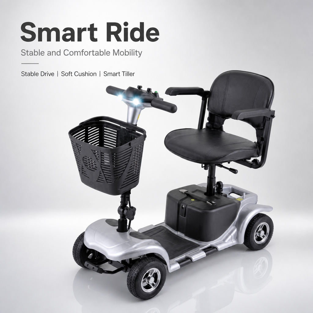 4‑Wheel Electric Mobility Scooter for Seniors | Comfort Padded Seat, Liftable Armrest, Front Basket, Safe Compact Mobility Aid for Elderly Adults