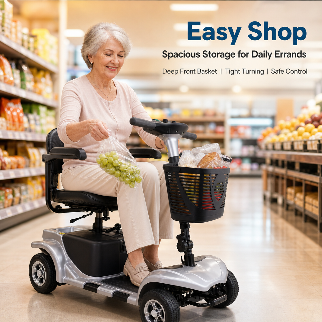 4‑Wheel Electric Mobility Scooter for Seniors | Comfort Padded Seat, Liftable Armrest, Front Basket, Safe Compact Mobility Aid for Elderly Adults