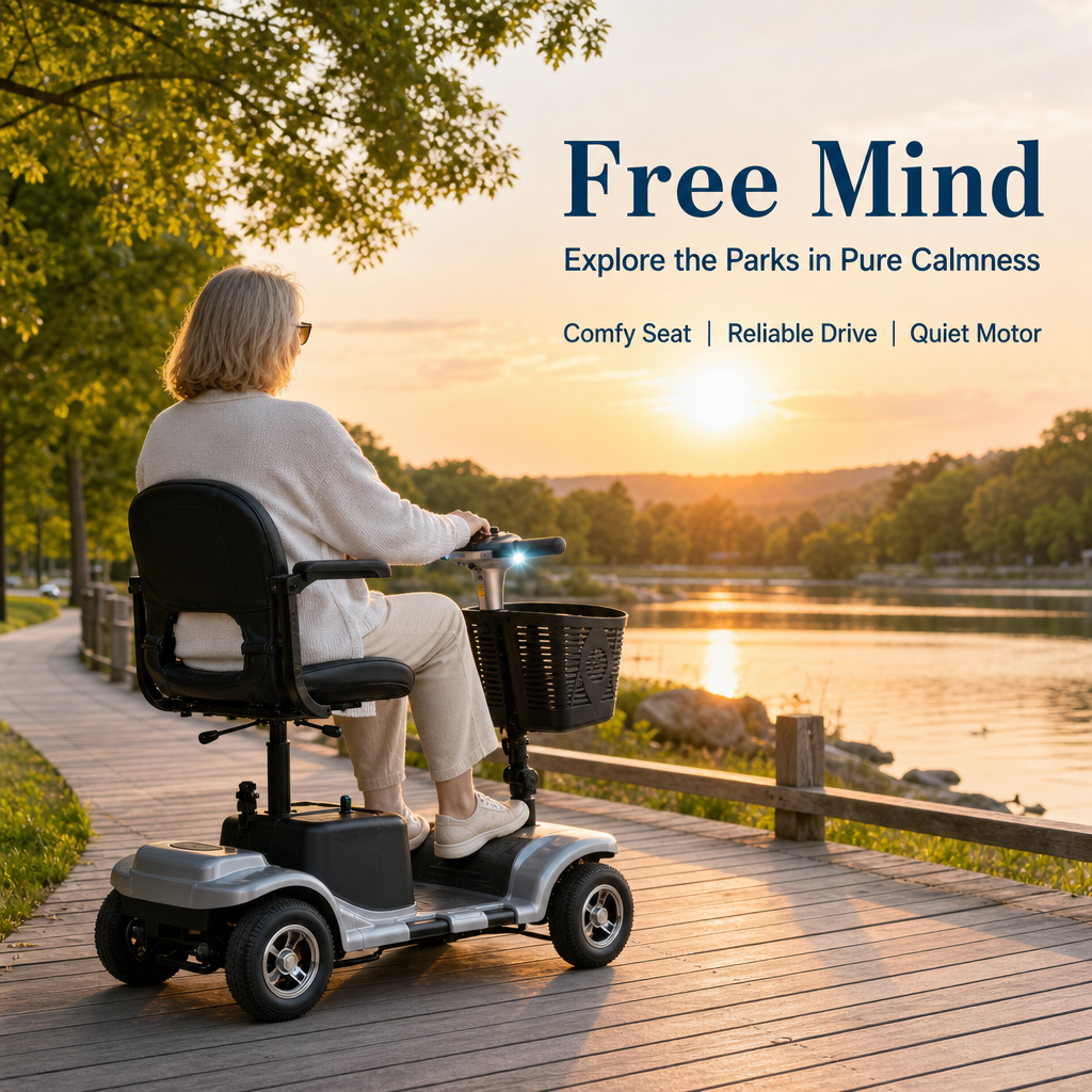 4‑Wheel Electric Mobility Scooter for Seniors | Comfort Padded Seat, Liftable Armrest, Front Basket, Safe Compact Mobility Aid for Elderly Adults