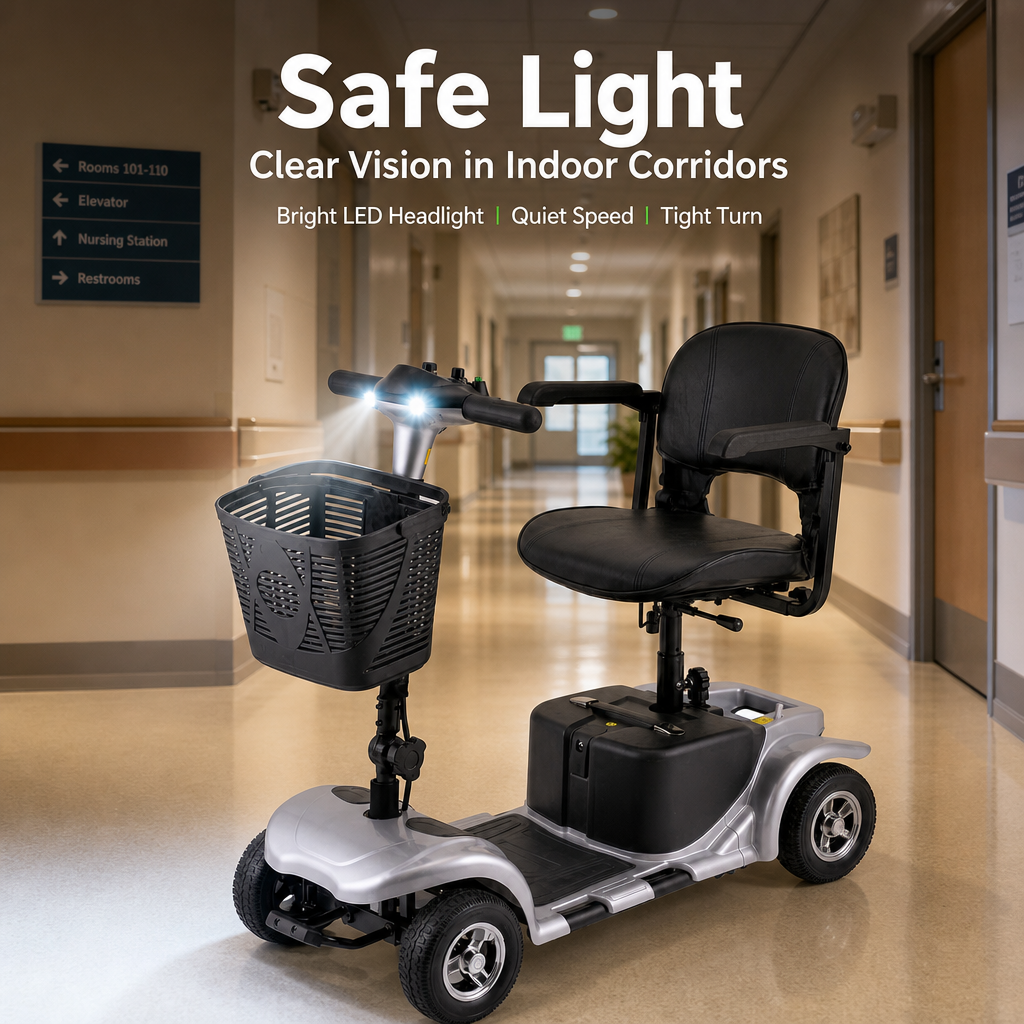 4‑Wheel Electric Mobility Scooter for Seniors | Comfort Padded Seat, Liftable Armrest, Front Basket, Safe Compact Mobility Aid for Elderly Adults