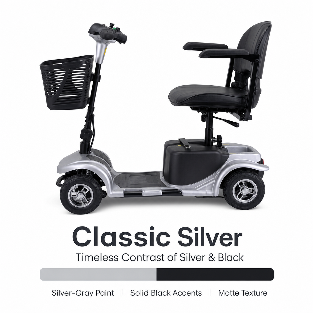 4‑Wheel Electric Mobility Scooter for Seniors | Comfort Padded Seat, Liftable Armrest, Front Basket, Safe Compact Mobility Aid for Elderly Adults