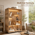 Large Solid Wood Cat Cabinet Enclosure, Multi‑Level Luxury Cat Tree House with LED Light, Sisal Scratching Posts & Mobile Wheels for Multi‑Cat Families