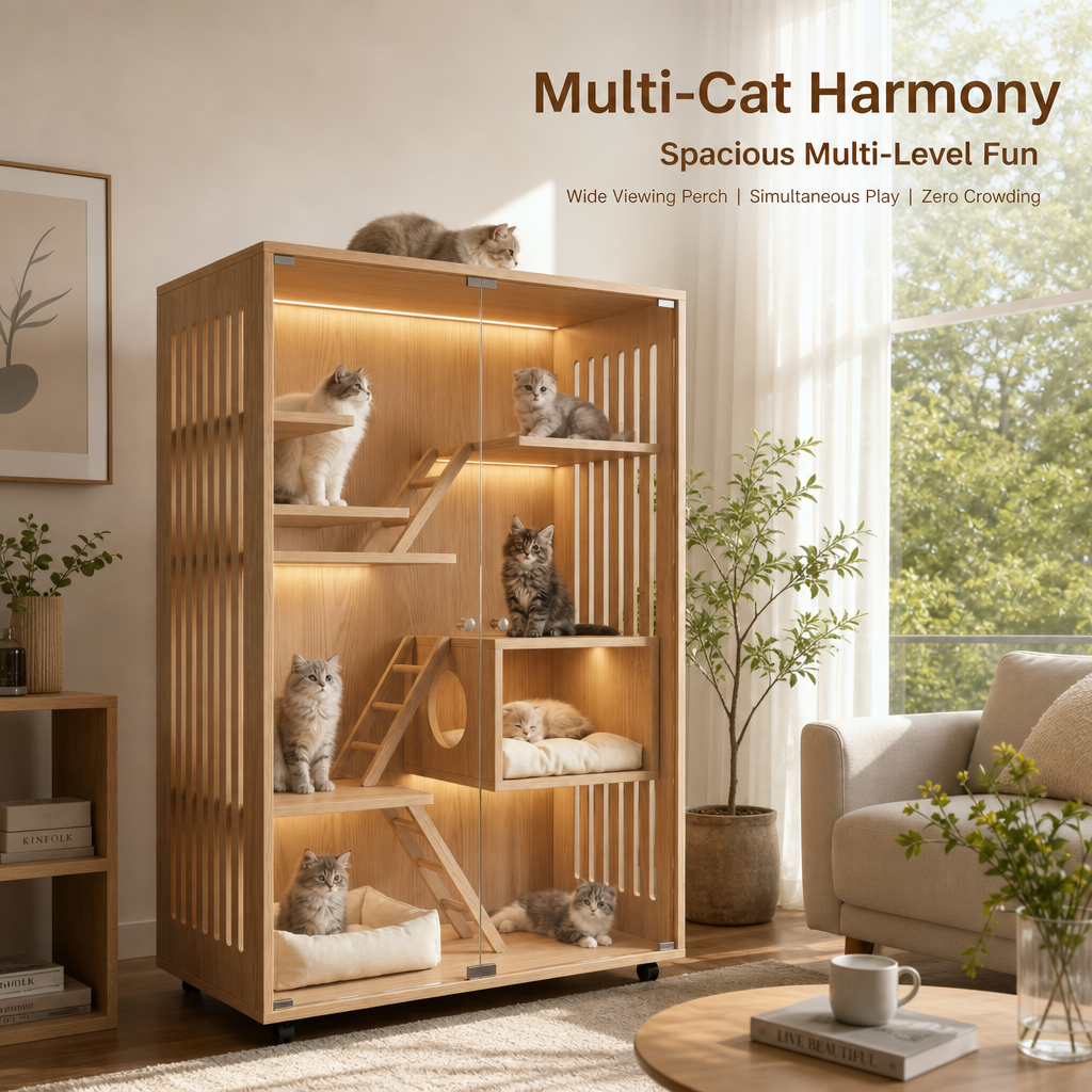 Large Solid Wood Cat Cabinet Enclosure, Multi‑Level Luxury Cat Tree House with LED Light, Sisal Scratching Posts & Mobile Wheels for Multi‑Cat Families