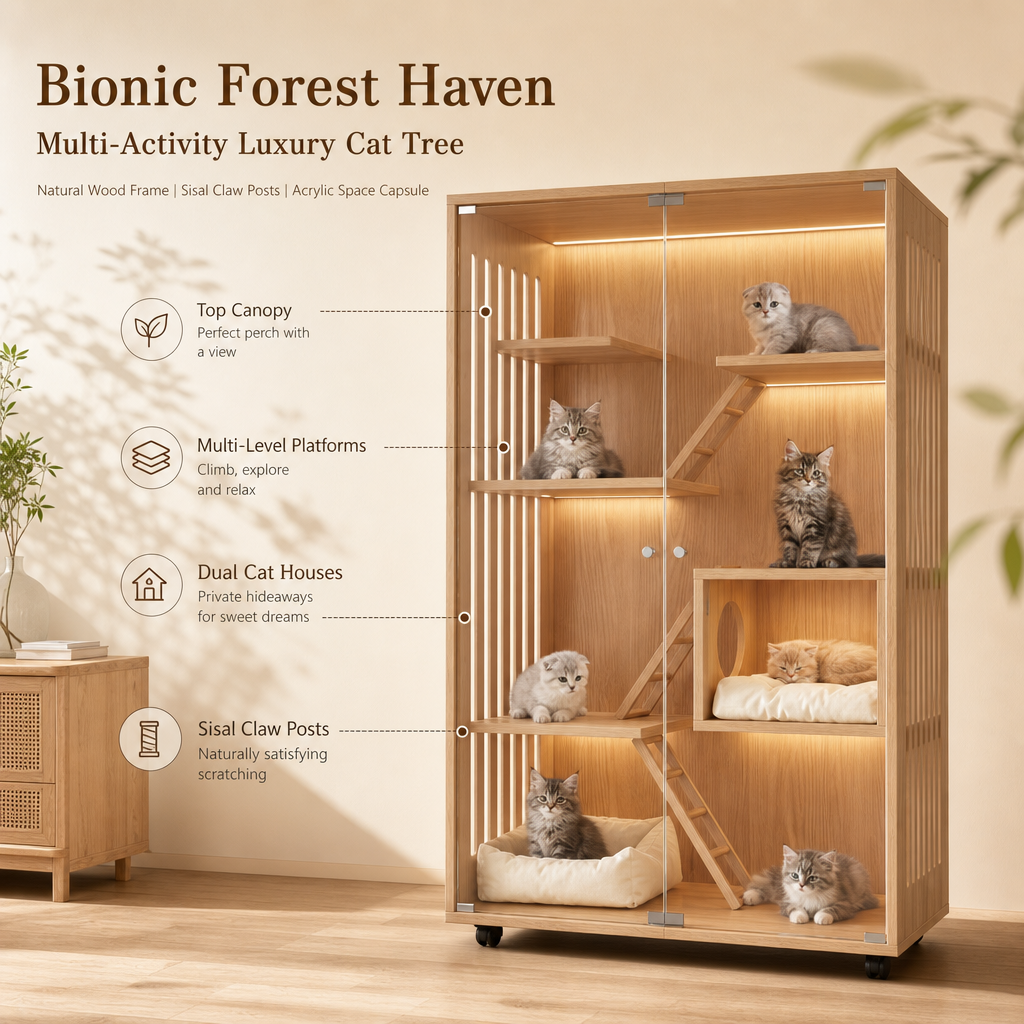 Large Solid Wood Cat Cabinet Enclosure, Multi‑Level Luxury Cat Tree House with LED Light, Sisal Scratching Posts & Mobile Wheels for Multi‑Cat Families