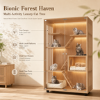 Large Solid Wood Cat Cabinet Enclosure, Multi‑Level Luxury Cat Tree House with LED Light, Sisal Scratching Posts & Mobile Wheels for Multi‑Cat Families