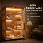Large Solid Wood Cat Cabinet Enclosure, Multi‑Level Luxury Cat Tree House with LED Light, Sisal Scratching Posts & Mobile Wheels for Multi‑Cat Families