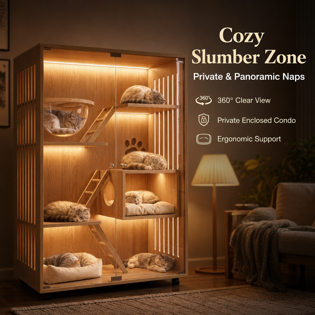 Large Solid Wood Cat Cabinet Enclosure, Multi‑Level Luxury Cat Tree House with LED Light, Sisal Scratching Posts & Mobile Wheels for Multi‑Cat Families