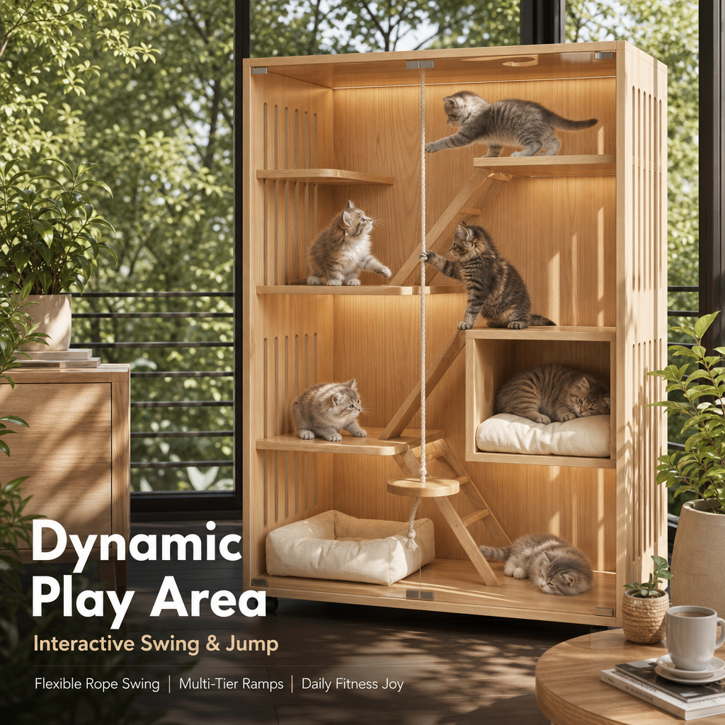 Large Solid Wood Cat Cabinet Enclosure, Multi‑Level Luxury Cat Tree House with LED Light, Sisal Scratching Posts & Mobile Wheels for Multi‑Cat Families