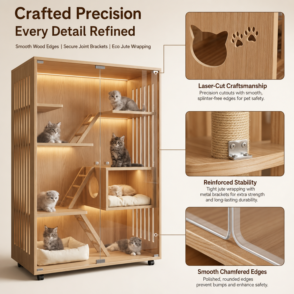 Large Solid Wood Cat Cabinet Enclosure, Multi‑Level Luxury Cat Tree House with LED Light, Sisal Scratching Posts & Mobile Wheels for Multi‑Cat Families