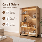Large Solid Wood Cat Cabinet Enclosure, Multi‑Level Luxury Cat Tree House with LED Light, Sisal Scratching Posts & Mobile Wheels for Multi‑Cat Families