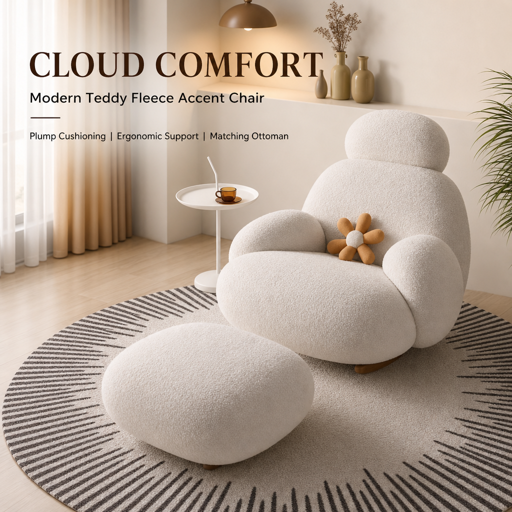 Modern Teddy Boucle Rocking Chair with Footrest Ottoman, Ergonomic Curved Back High‑Density Foam Comfy Glider Rocker Chair for Living Room Bedroom Nursery