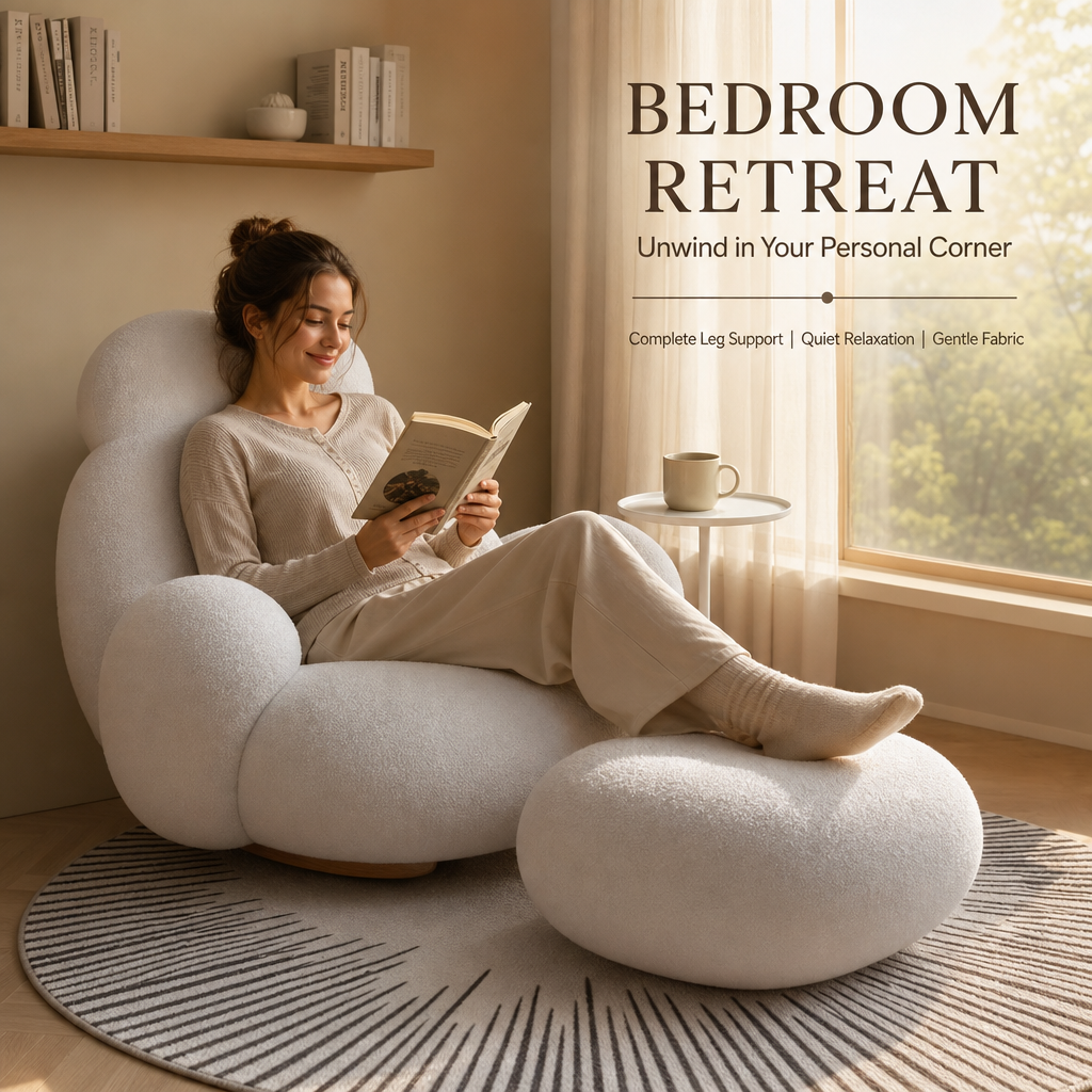 Modern Teddy Boucle Rocking Chair with Footrest Ottoman, Ergonomic Curved Back High‑Density Foam Comfy Glider Rocker Chair for Living Room Bedroom Nursery