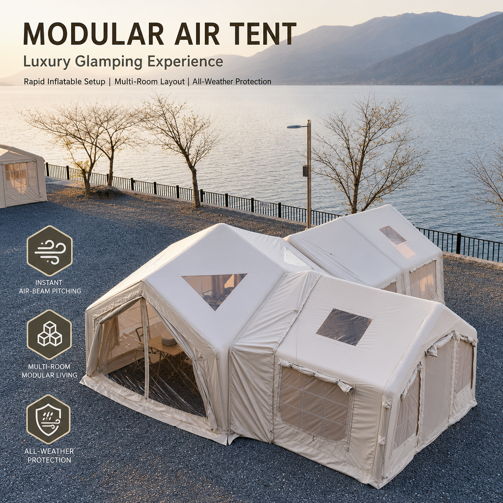 Modular Inflatable Glamping Tent 6‑10 Person, 3‑Room Air Tent with Air Beams, Waterproof UV‑Resistant Large Family Camping Tent with Pump & Carry Bag