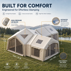 Modular Inflatable Glamping Tent 6‑10 Person, 3‑Room Air Tent with Air Beams, Waterproof UV‑Resistant Large Family Camping Tent with Pump & Carry Bag