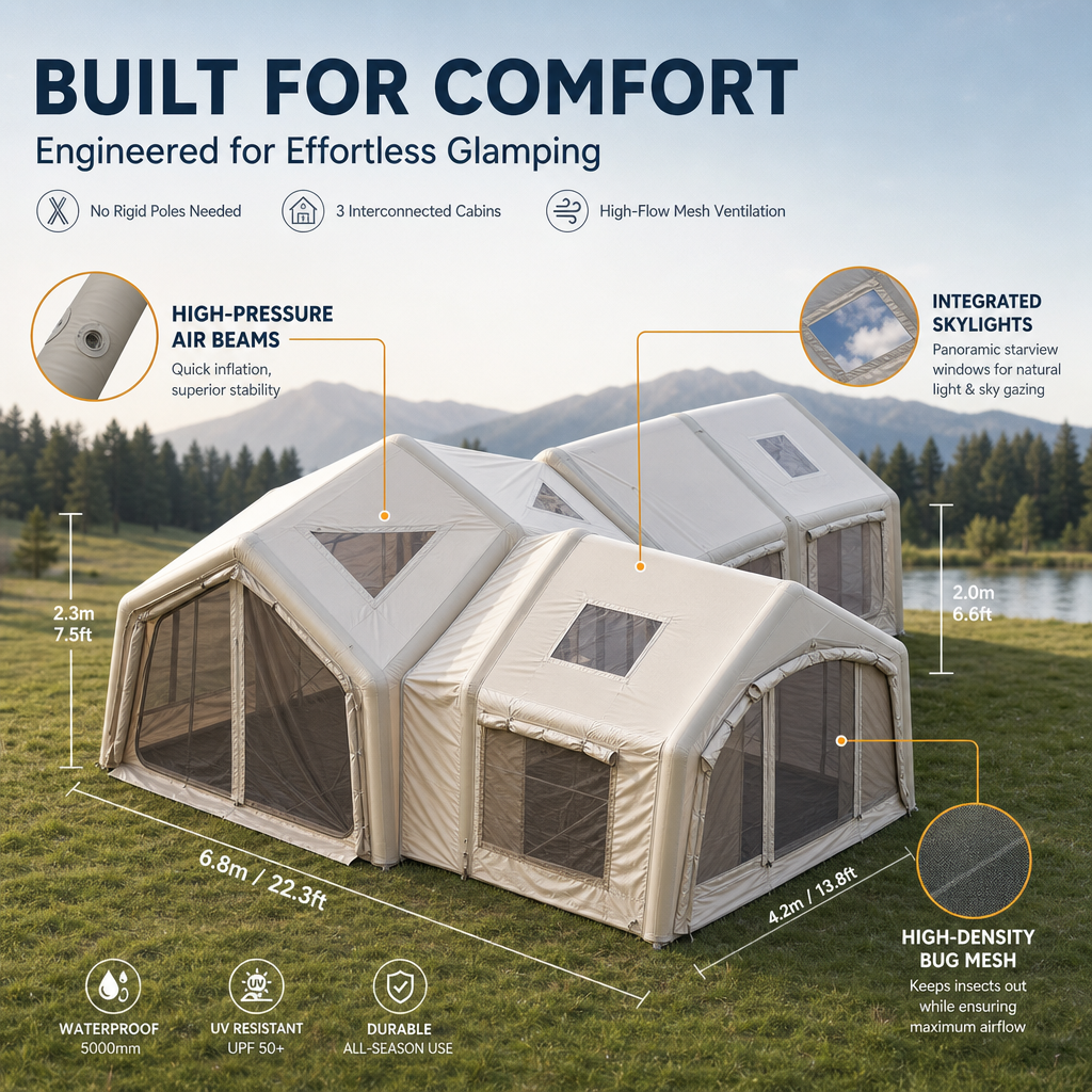 Modular Inflatable Glamping Tent 6‑10 Person, 3‑Room Air Tent with Air Beams, Waterproof UV‑Resistant Large Family Camping Tent with Pump & Carry Bag