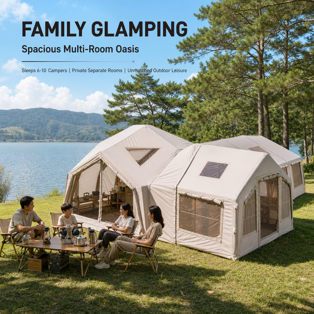 Modular Inflatable Glamping Tent 6‑10 Person, 3‑Room Air Tent with Air Beams, Waterproof UV‑Resistant Large Family Camping Tent with Pump & Carry Bag