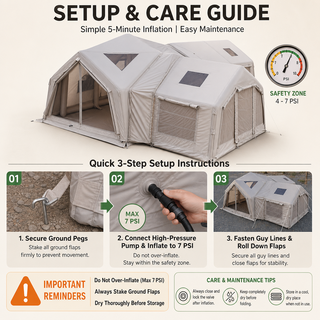 Modular Inflatable Glamping Tent 6‑10 Person, 3‑Room Air Tent with Air Beams, Waterproof UV‑Resistant Large Family Camping Tent with Pump & Carry Bag