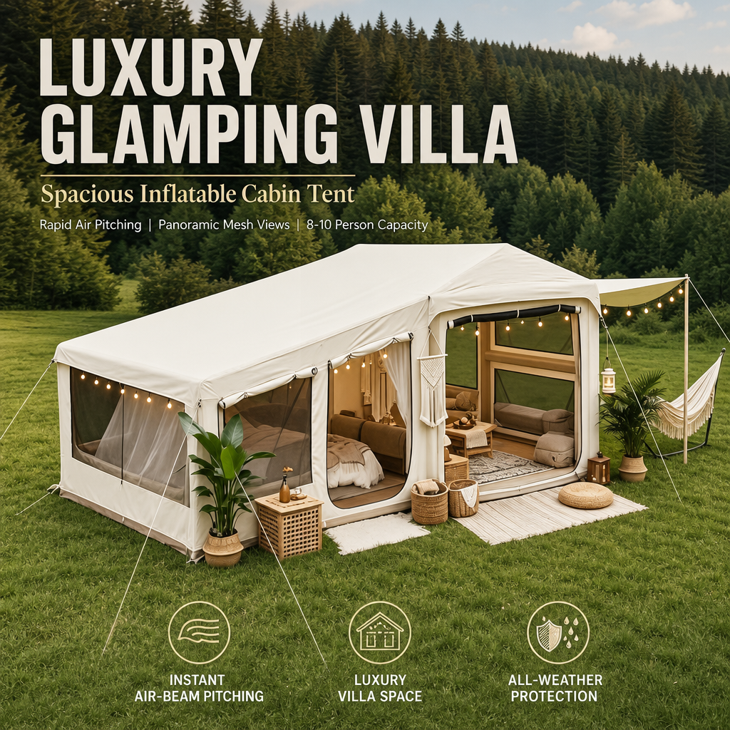 5‑Min Quick Setup Inflatable Air Tent, 7ft Standing Height Waterproof Glamping Tent, Large Family Group Camping Shelter PU3000mm Wind & UV Resistant