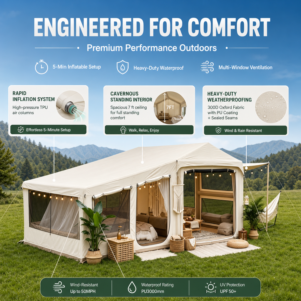 5‑Min Quick Setup Inflatable Air Tent, 7ft Standing Height Waterproof Glamping Tent, Large Family Group Camping Shelter PU3000mm Wind & UV Resistant