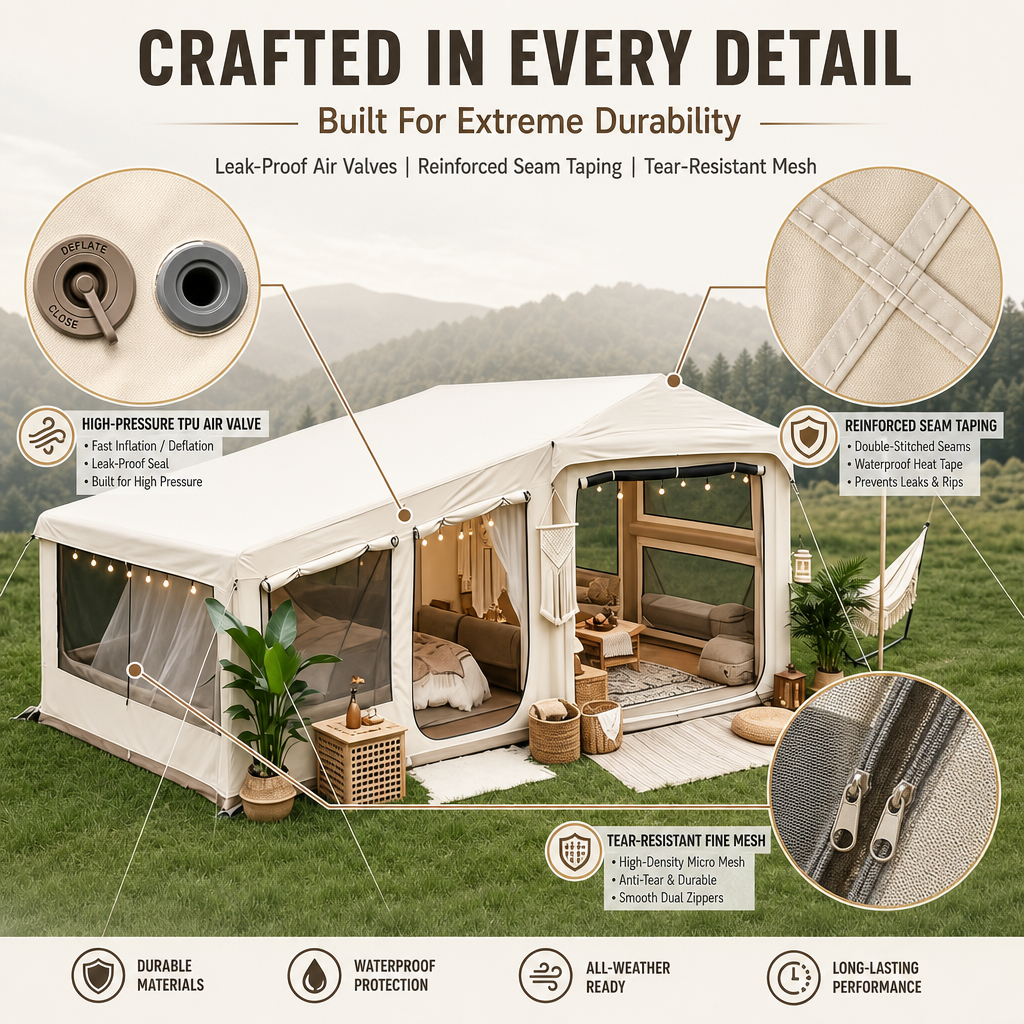 5‑Min Quick Setup Inflatable Air Tent, 7ft Standing Height Waterproof Glamping Tent, Large Family Group Camping Shelter PU3000mm Wind & UV Resistant