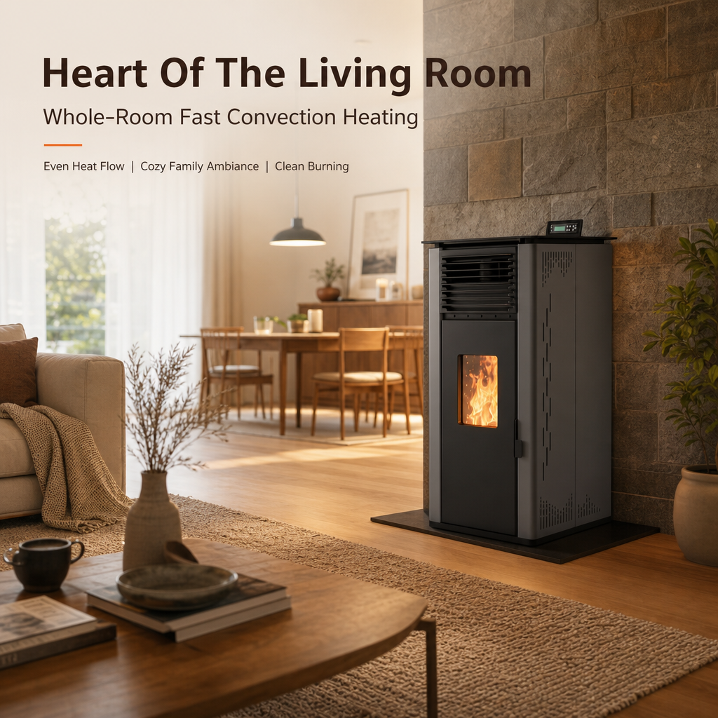 Pansee Smart Biomass Pellet Stove — Energy-Efficient Wood Pellet Heater with Digital Thermostat, App & Remote Control, CE-Certified, 2-Year Warranty