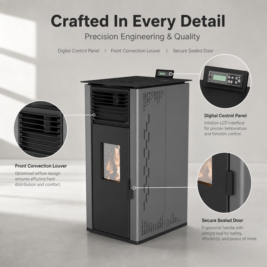 Pansee Smart Biomass Pellet Stove — Energy-Efficient Wood Pellet Heater with Digital Thermostat, App & Remote Control, CE-Certified, 2-Year Warranty