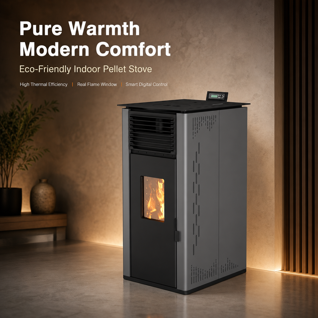 Pansee Smart Biomass Pellet Stove — Energy-Efficient Wood Pellet Heater with Digital Thermostat, App & Remote Control, CE-Certified, 2-Year Warranty