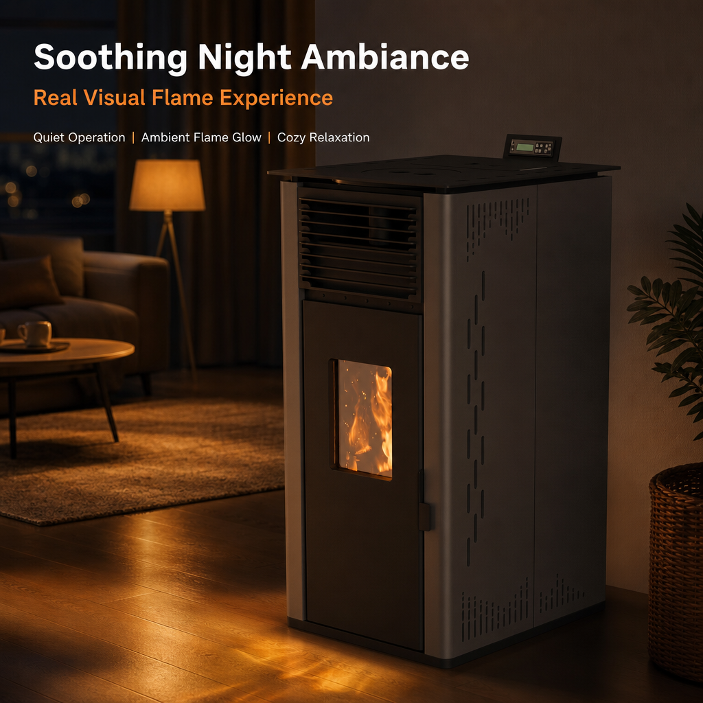 Pansee Smart Biomass Pellet Stove — Energy-Efficient Wood Pellet Heater with Digital Thermostat, App & Remote Control, CE-Certified, 2-Year Warranty