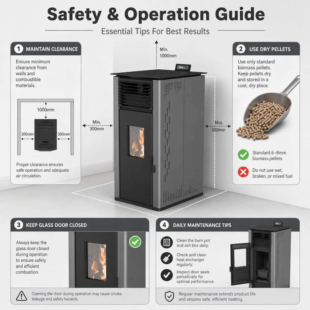 Pansee Smart Biomass Pellet Stove — Energy-Efficient Wood Pellet Heater with Digital Thermostat, App & Remote Control, CE-Certified, 2-Year Warranty