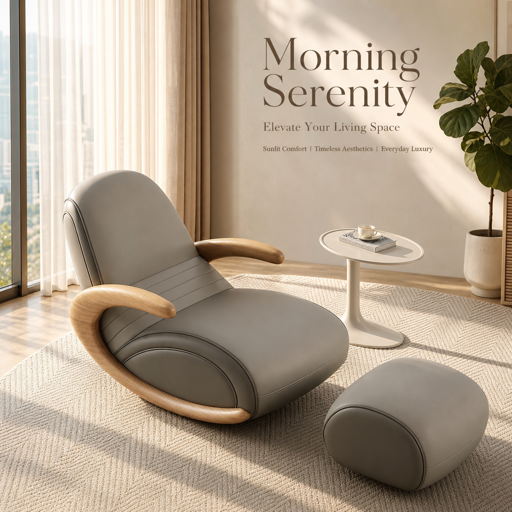Bentwood Rocking Chair with Ottoman | Ergonomic Leatherette Rocker Lounge Chair for Living Room, Bedroom