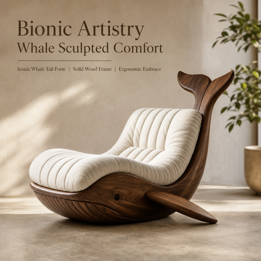Whale Shape Solid Wood Lounge Chair | Artistic Bionic Accent Chair with Plush Cushion for Living Room & Commercial Space