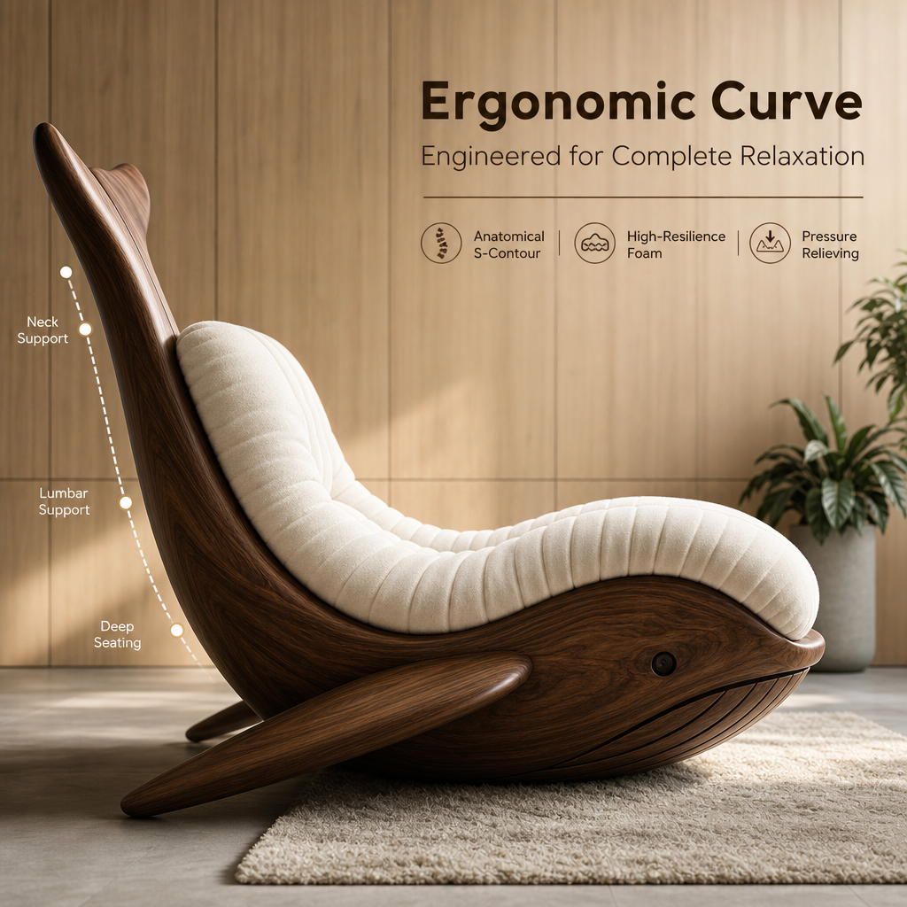 Whale Shape Solid Wood Lounge Chair | Artistic Bionic Accent Chair with Plush Cushion for Living Room & Commercial Space