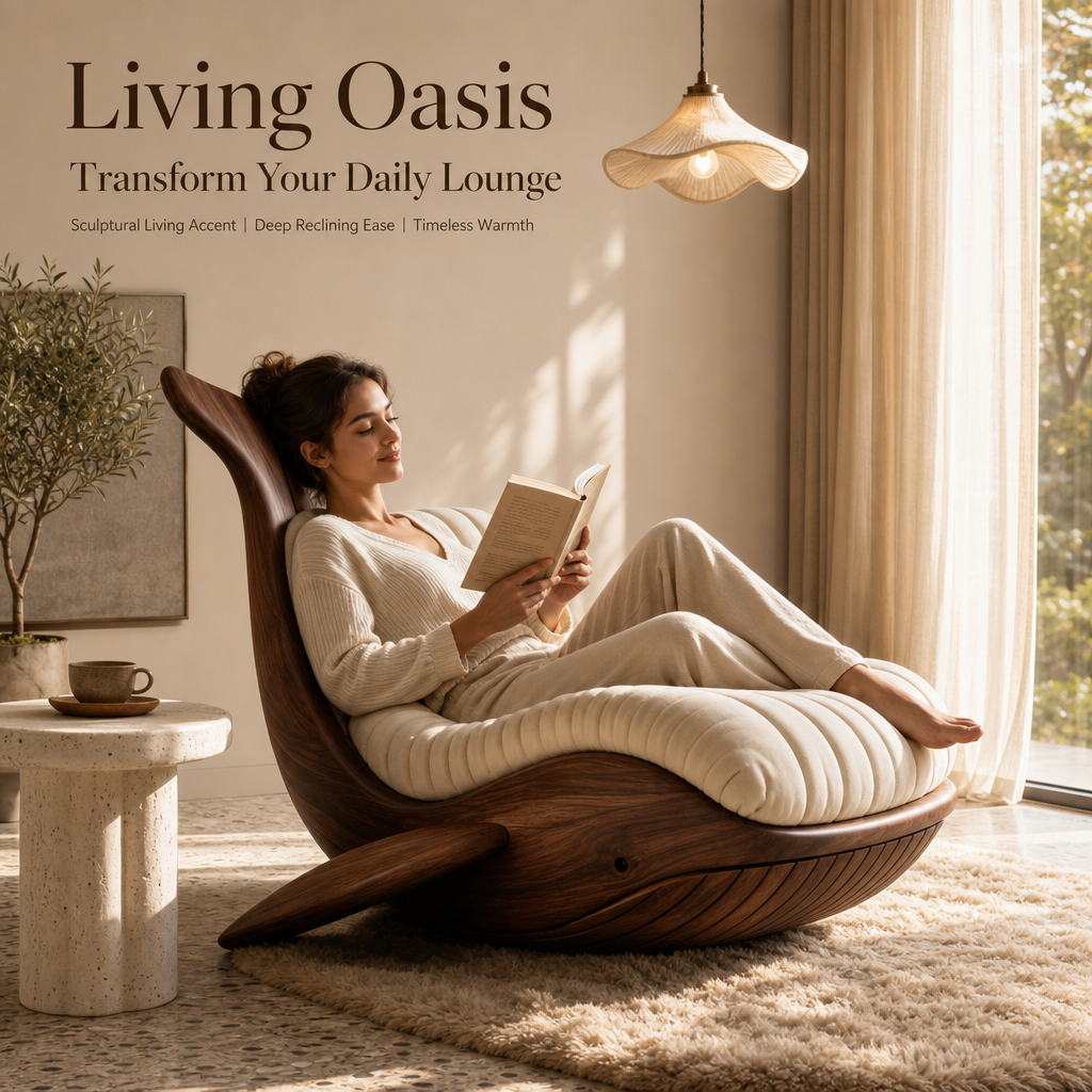 Whale Shape Solid Wood Lounge Chair | Artistic Bionic Accent Chair with Plush Cushion for Living Room & Commercial Space