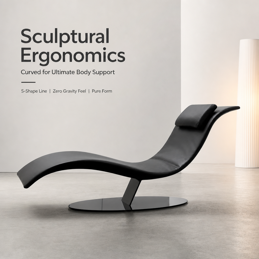 Modern Curved Chaise Lounge Chair | Ergonomic Leather Recliner with Neck Pillow & Stable Steel Base for Living Room