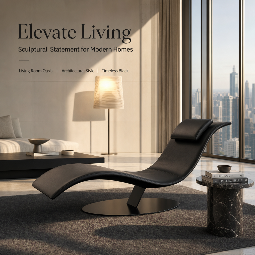 Modern Curved Chaise Lounge Chair | Ergonomic Leather Recliner with Neck Pillow & Stable Steel Base for Living Room