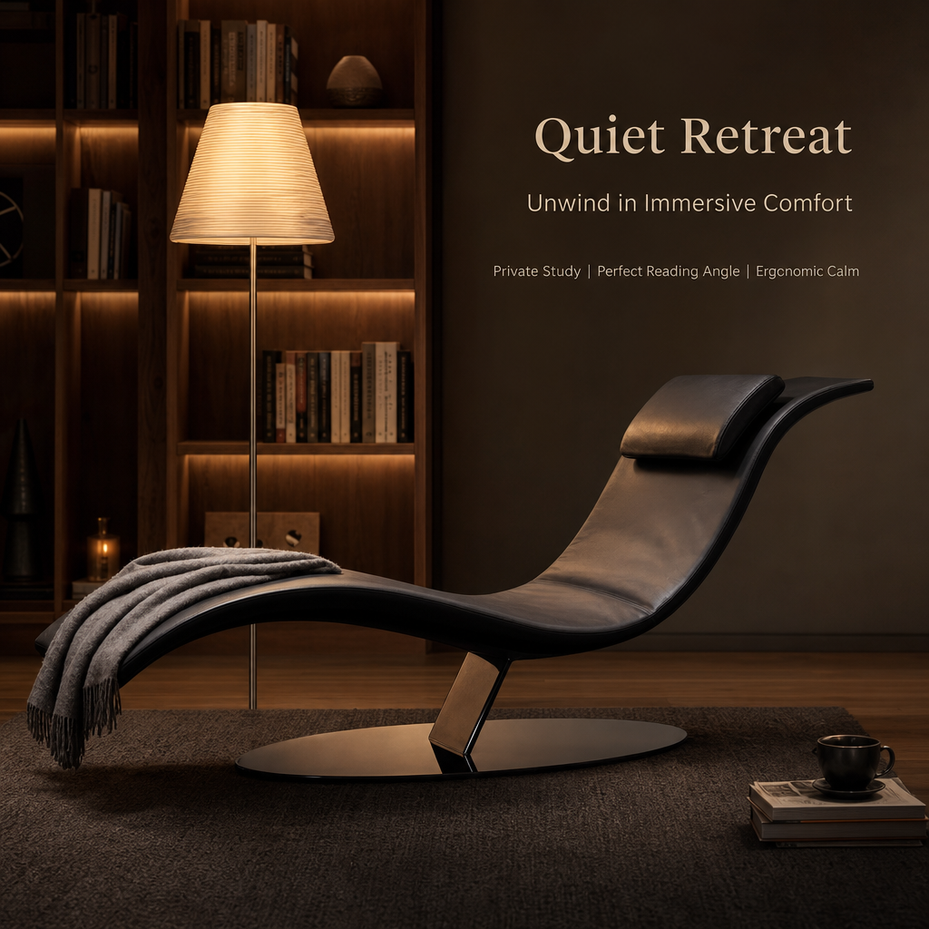 Modern Curved Chaise Lounge Chair | Ergonomic Leather Recliner with Neck Pillow & Stable Steel Base for Living Room