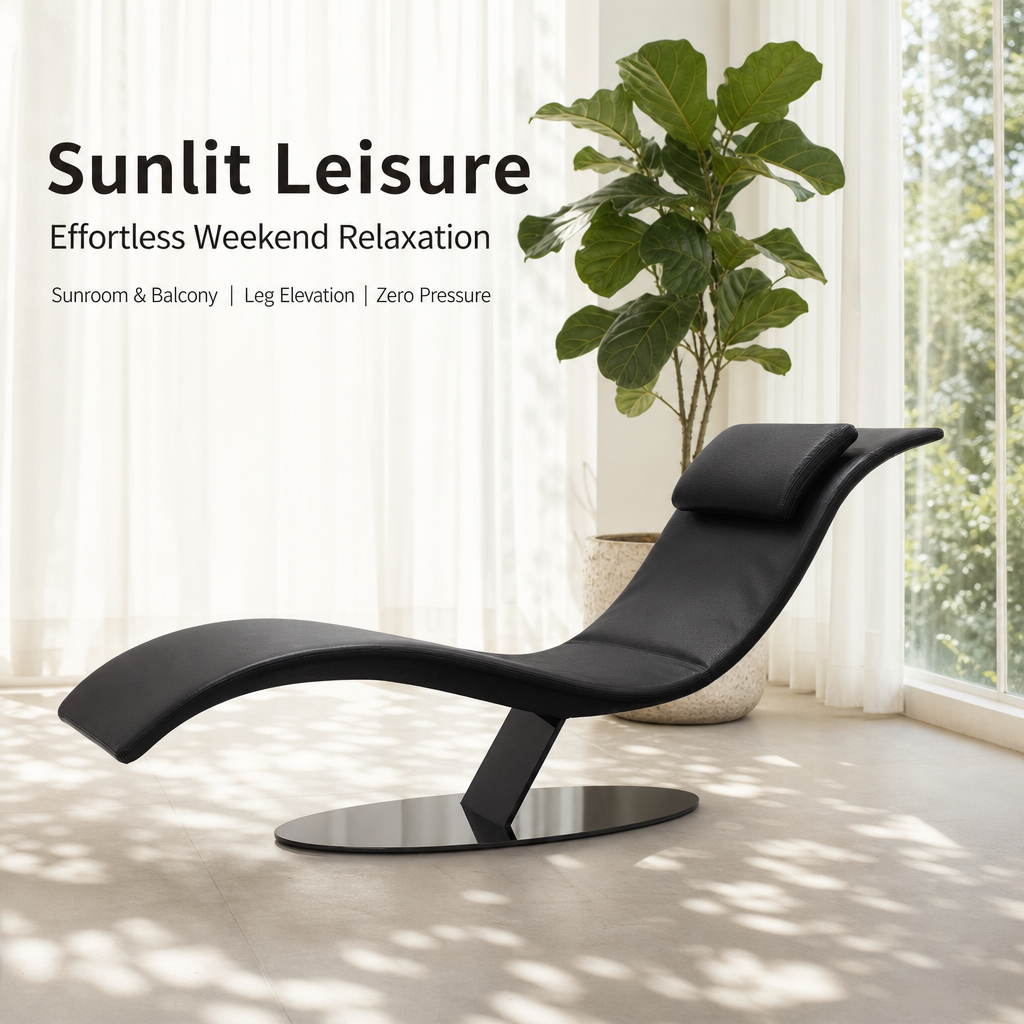 Modern Curved Chaise Lounge Chair | Ergonomic Leather Recliner with Neck Pillow & Stable Steel Base for Living Room