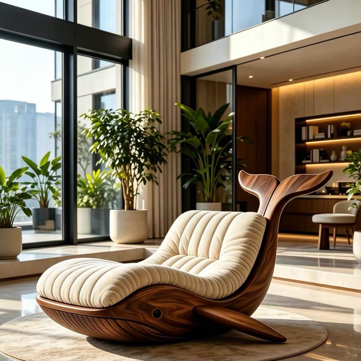 Whale Shape Solid Wood Lounge Chair | Artistic Bionic Accent Chair with Plush Cushion for Living Room & Commercial Space