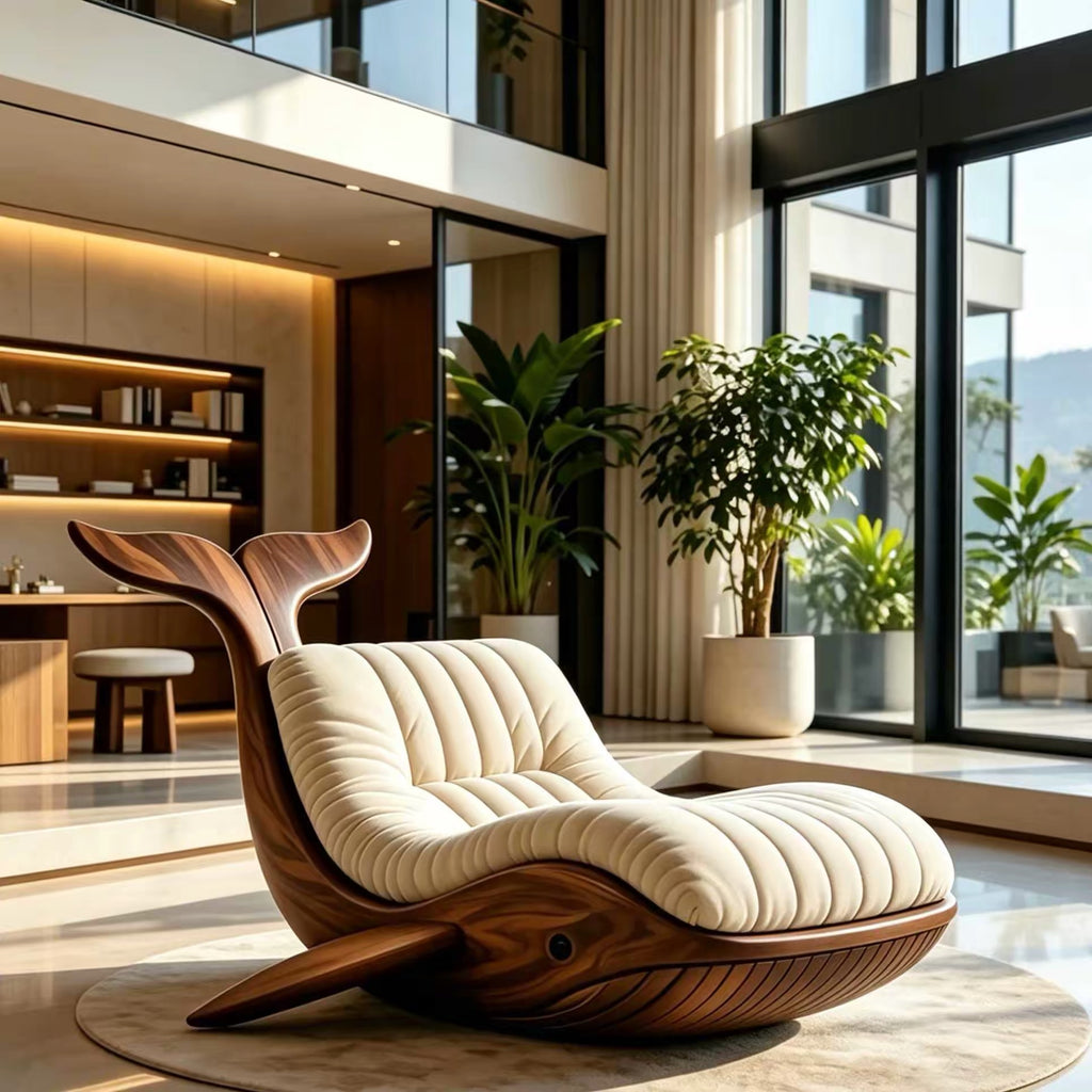 Whale Shape Solid Wood Lounge Chair | Artistic Bionic Accent Chair with Plush Cushion for Living Room & Commercial Space