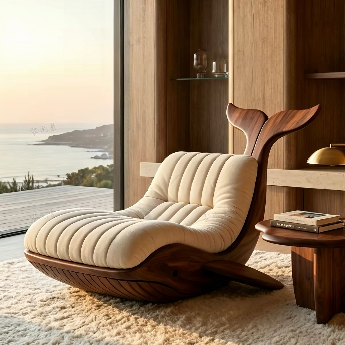 Whale Shape Solid Wood Lounge Chair | Artistic Bionic Accent Chair with Plush Cushion for Living Room & Commercial Space
