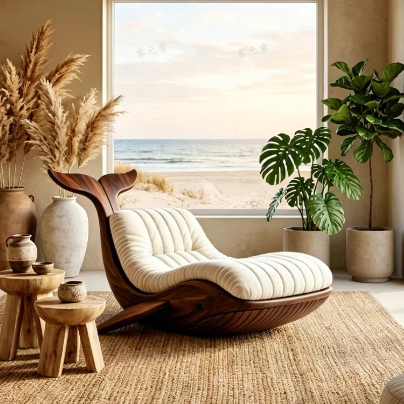 Whale Shape Solid Wood Lounge Chair | Artistic Bionic Accent Chair with Plush Cushion for Living Room & Commercial Space