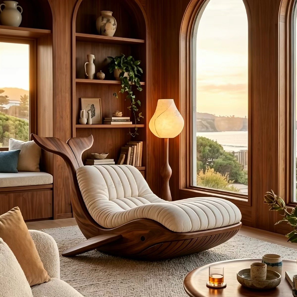 Whale Shape Solid Wood Lounge Chair | Artistic Bionic Accent Chair with Plush Cushion for Living Room & Commercial Space